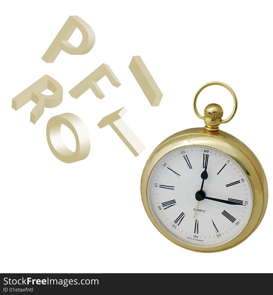 Falling letters spelling profit over alarm clock on white. Falling letters spelling profit over alarm clock on white