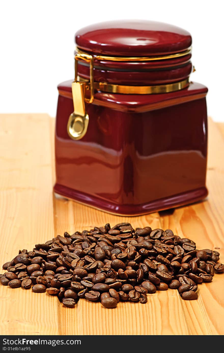 Beans coffee and box on table