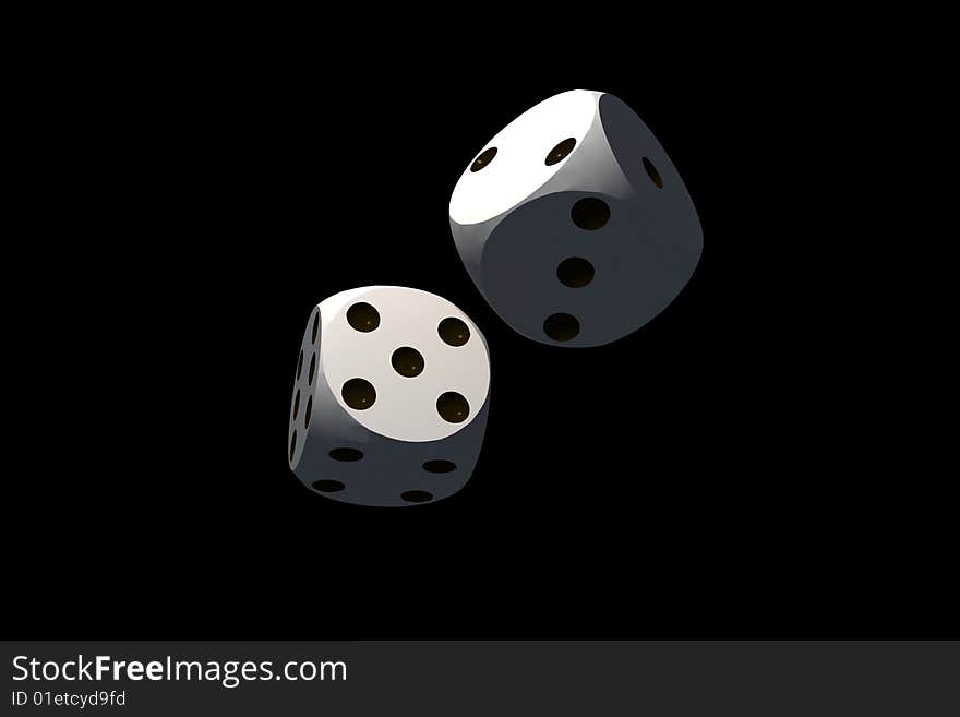 Isolated dices on black background - 3d render illustration. Isolated dices on black background - 3d render illustration