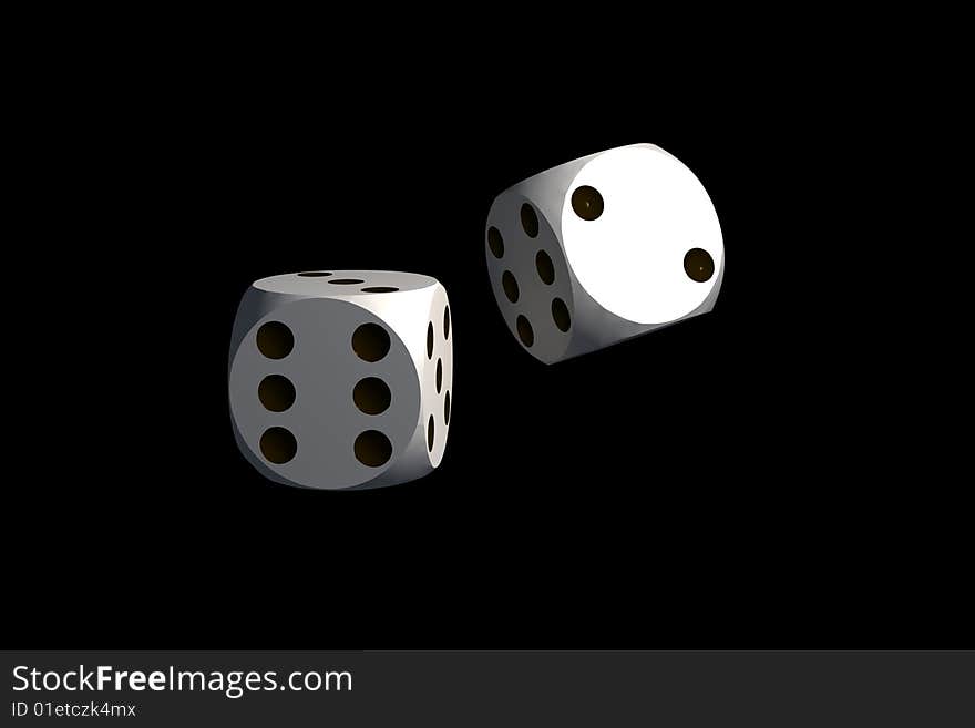 Isolated dices on black background - 3d render illustration. Isolated dices on black background - 3d render illustration