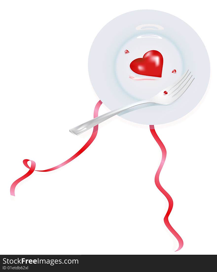 Heart and fork lying on the plate on white background with two red ribbons. Heart and fork lying on the plate on white background with two red ribbons