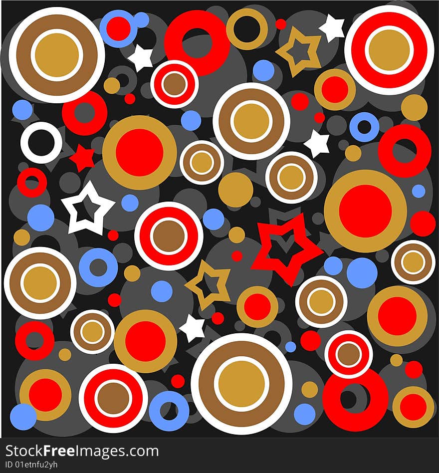 Abstract pattern with circles and stars on a black background. Abstract pattern with circles and stars on a black background.