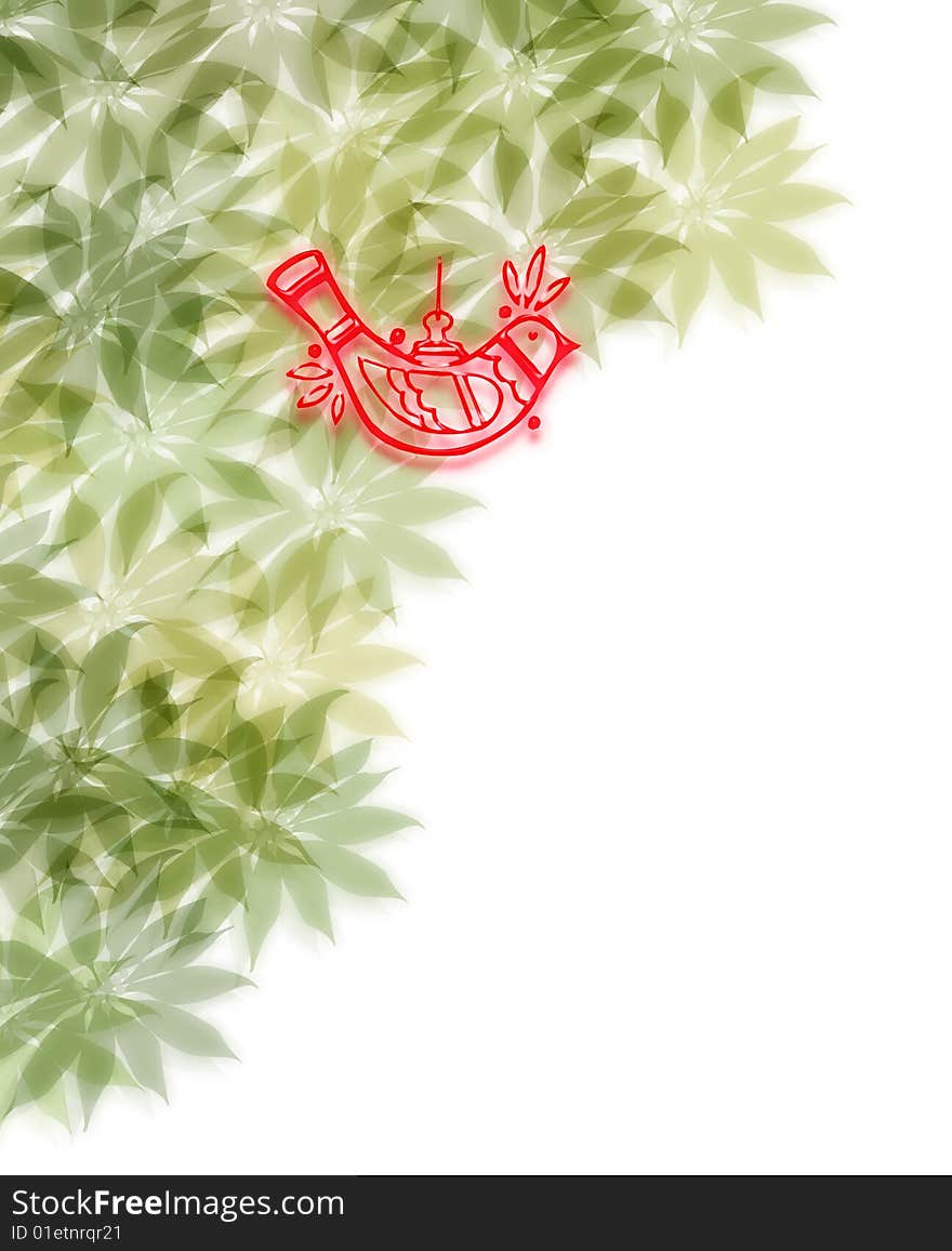 Red decoration bird hanging in decor of soft green leaves. Red decoration bird hanging in decor of soft green leaves