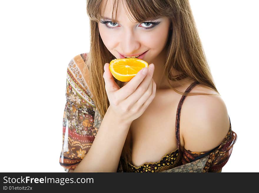 Attractive young woman with orange isolated