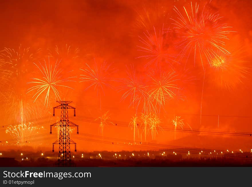 Many fireworks on night sky