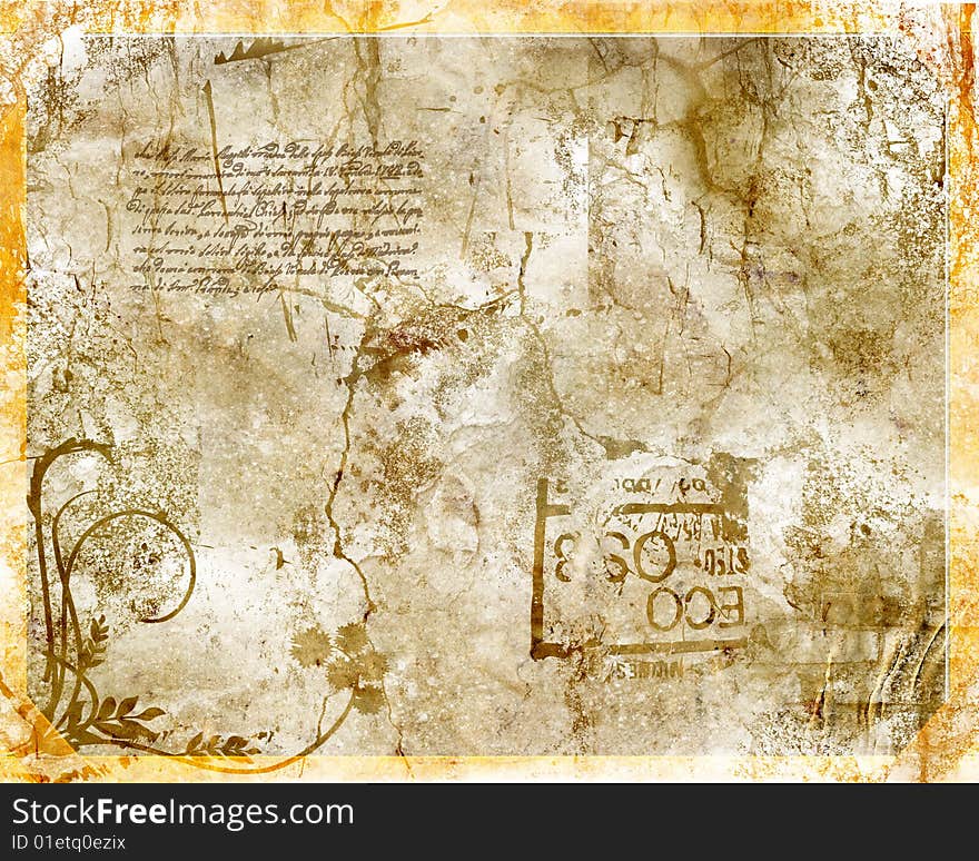 Abstract grunge background with floral, stains, cracks, filigree