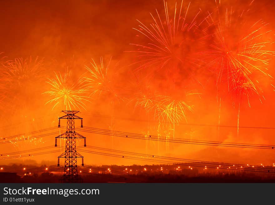 Many fireworks on night sky