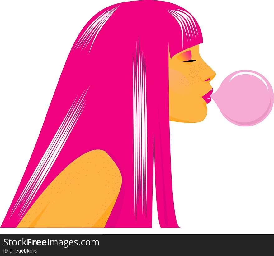 The girl with pink hair inflating a bubble from a chewing gam. The girl with pink hair inflating a bubble from a chewing gam