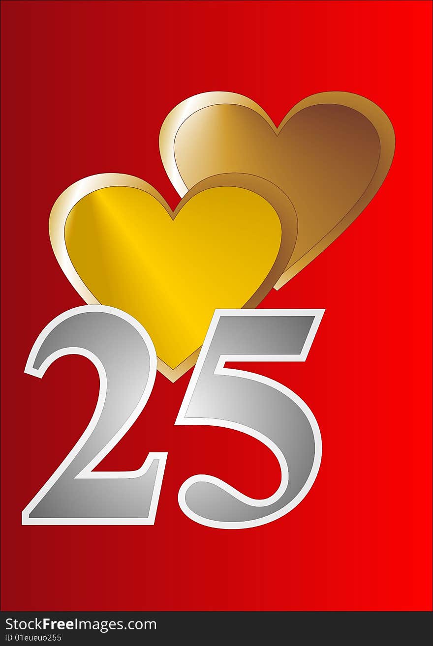 Silver number 25, two gold hearts on a bright red background. Silver number 25, two gold hearts on a bright red background.