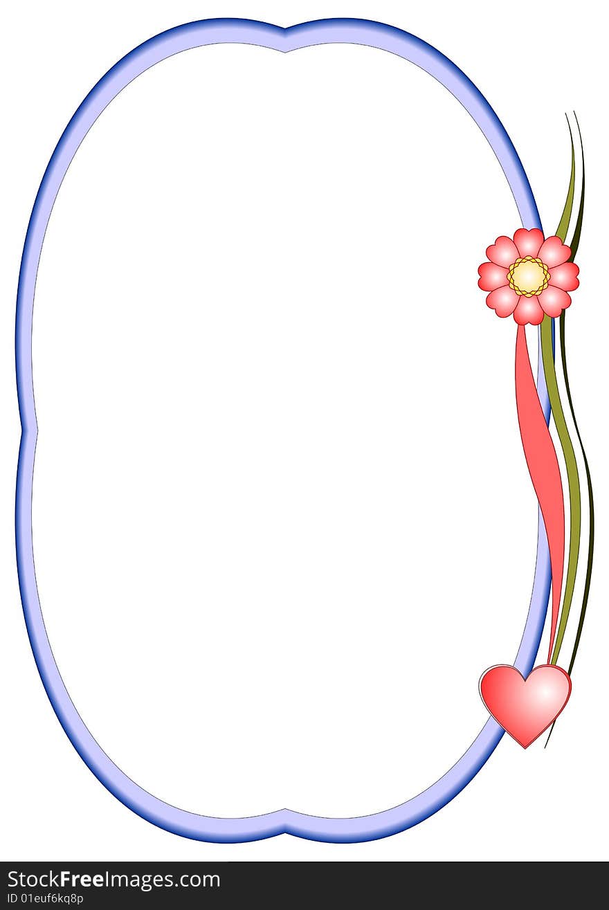 Computer generated frame isolated on a white background decorated an abstract flower, heart and ribbons.