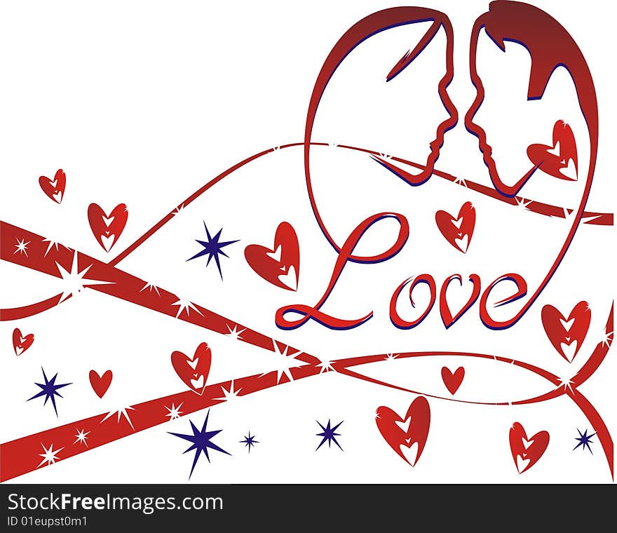 Lovers silhouette background with hearts stars for Valentine's Day. Lovers silhouette background with hearts stars for Valentine's Day