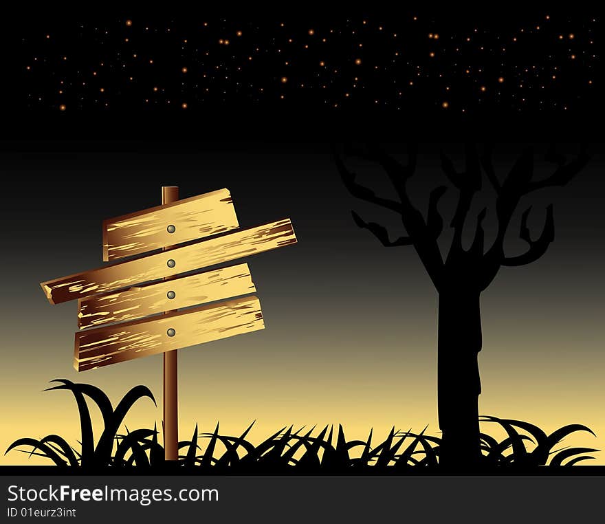 Tree and sign. Vector illustration