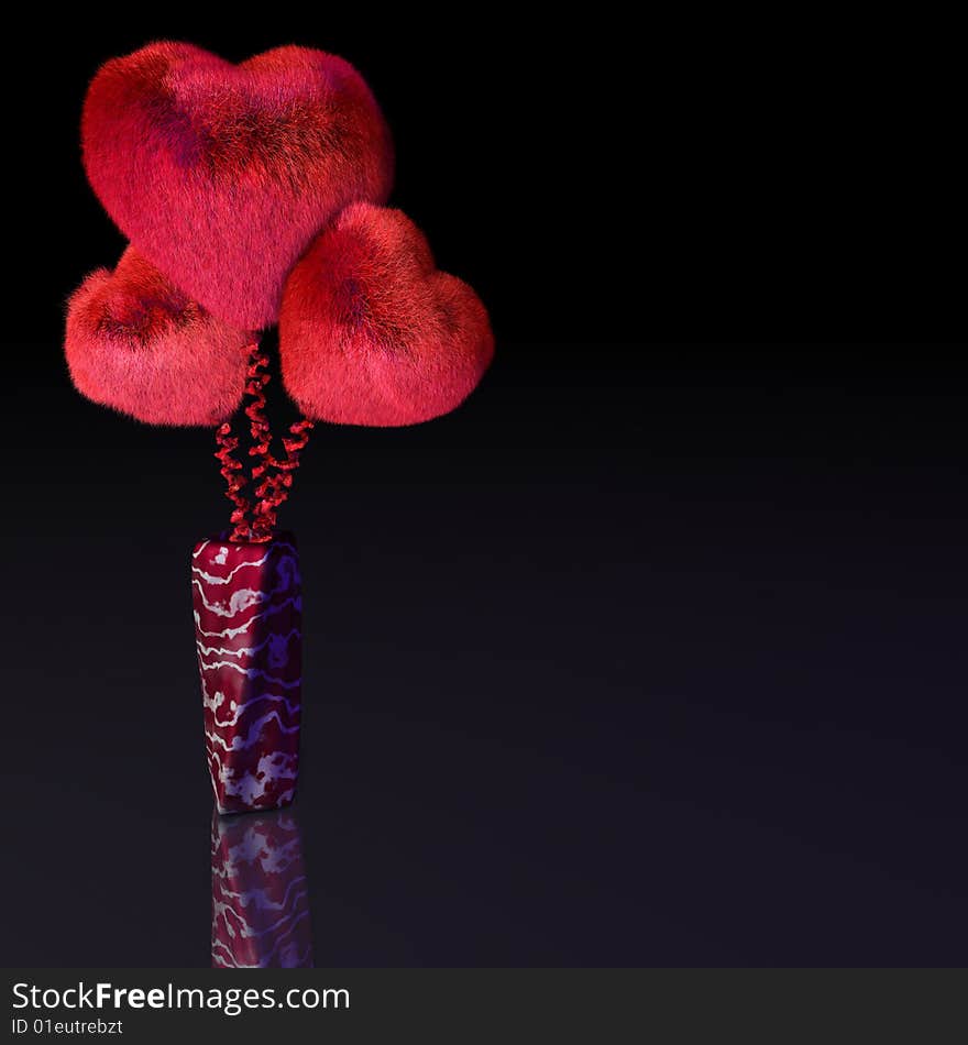 Three red hairy hearts in vase created in 3D software. Three red hairy hearts in vase created in 3D software