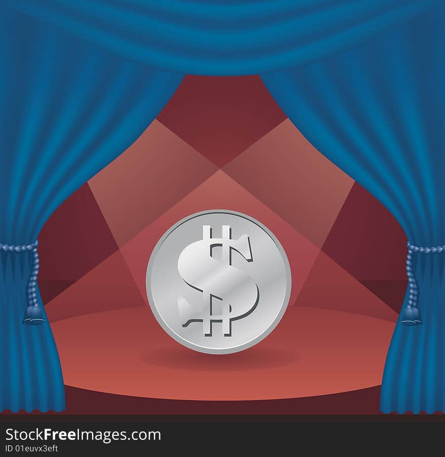 Theater scene with a blue curtain and lit coins. Theater scene with a blue curtain and lit coins