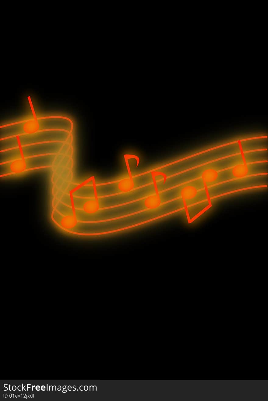 Glowing orange music notes on a black background.