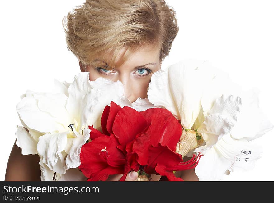 Portrait Beautiful woman with flower isolated on w