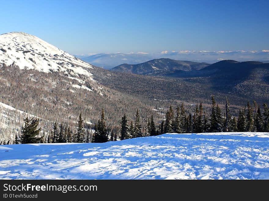 Mountain landscape. Mountain Shoriya. Sheregesh. Russia.