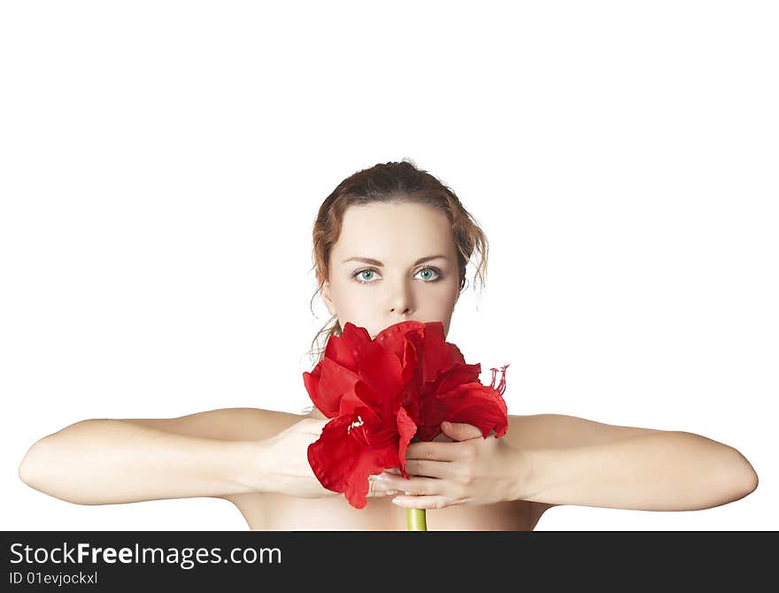 The attractive young girl with beautiful large flower. The attractive young girl with beautiful large flower