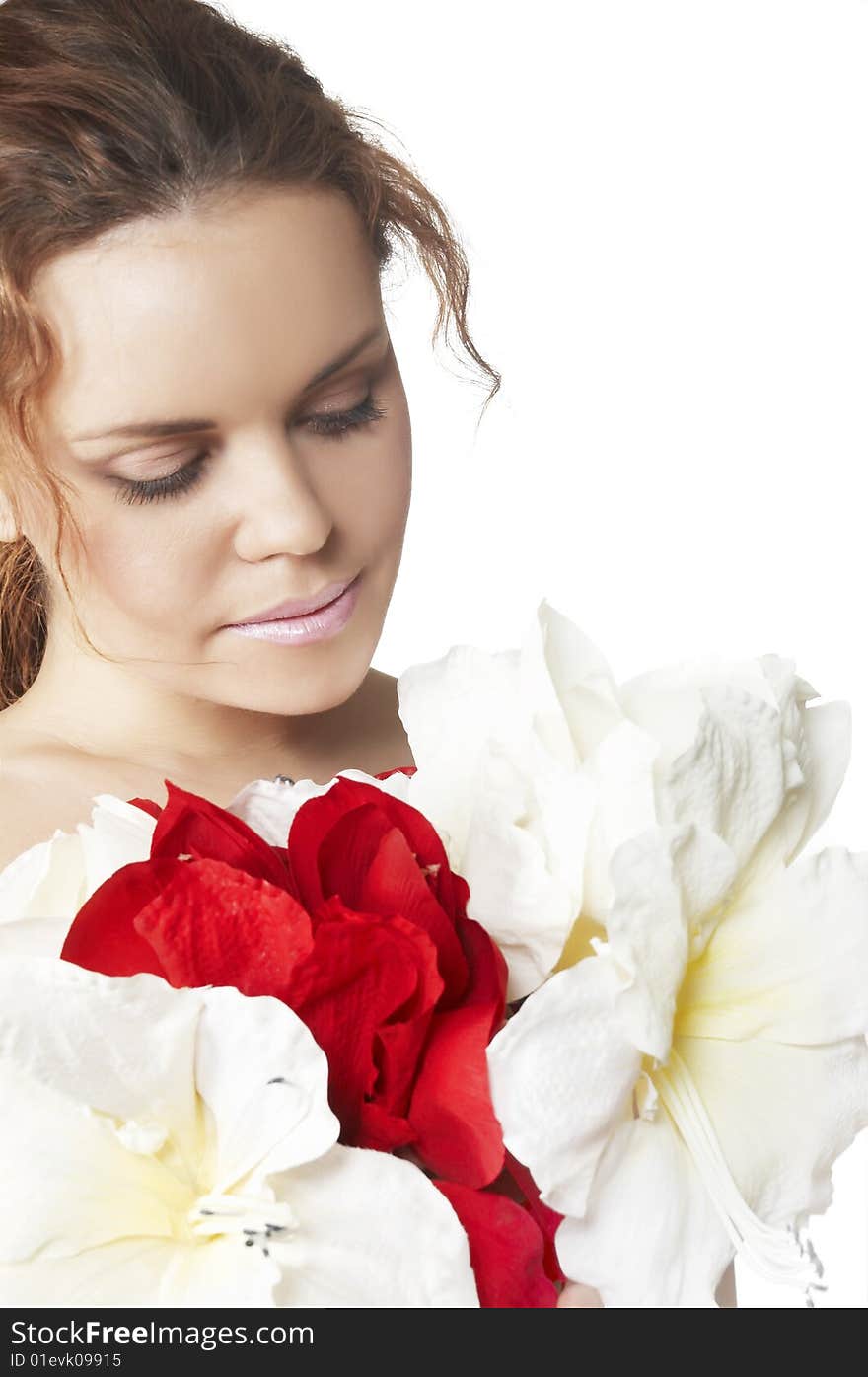 Attractive Woman With Red And White Flowers