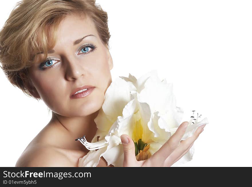 Woman And  Fresh  Flower.  Close Up