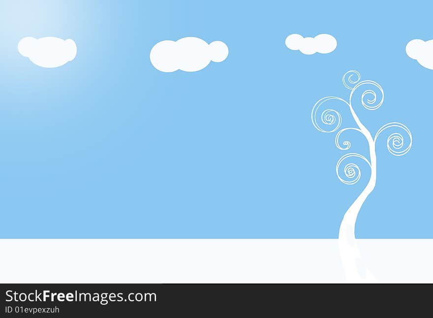 Curling tree on blue background with clouds. Curling tree on blue background with clouds
