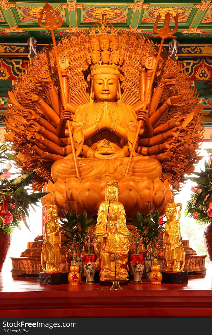 Thousand hands Buddha image in pavilion of Chinese temple, Nonthaburi, Thailand. Thousand hands Buddha image in pavilion of Chinese temple, Nonthaburi, Thailand.