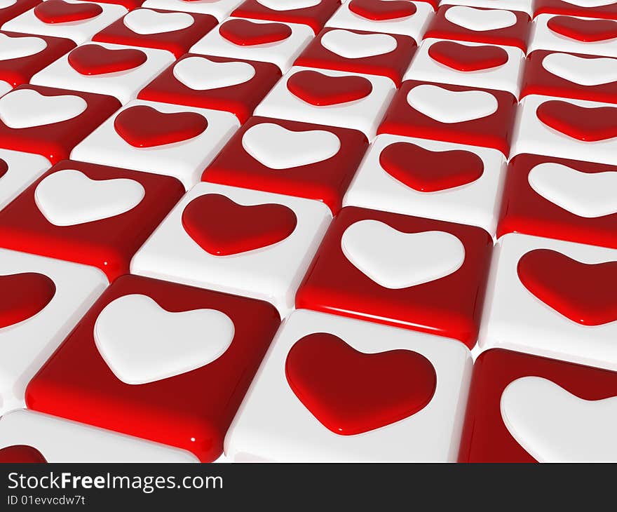 Chess love, 3d red, white hearts, chess-board