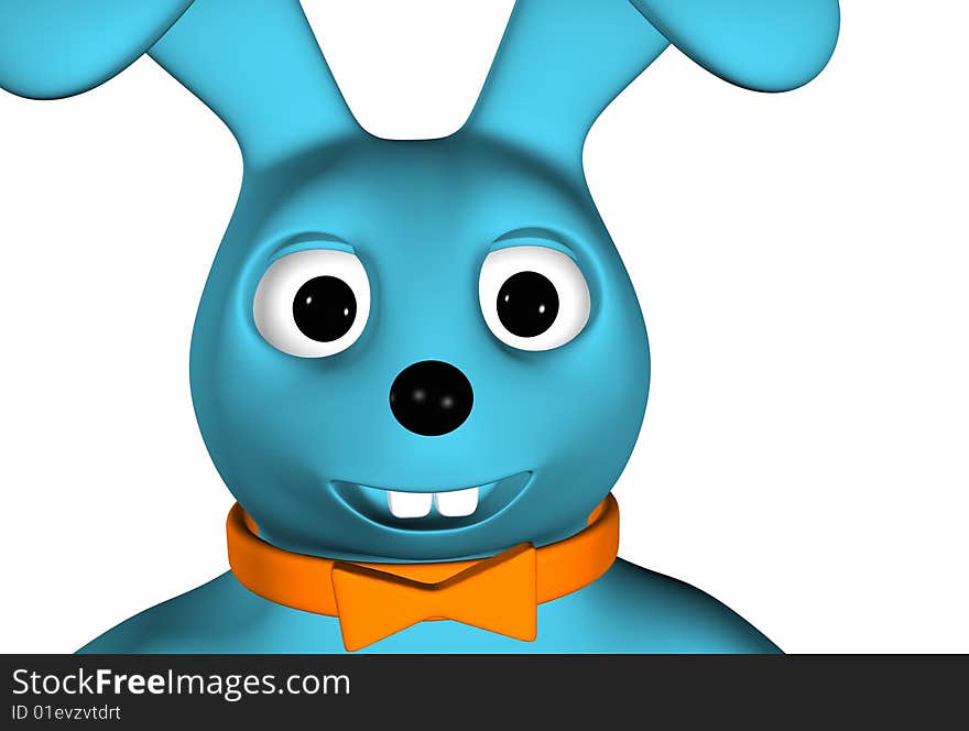 Isolated 3D cartoon happy blue rabbit with bow-tie