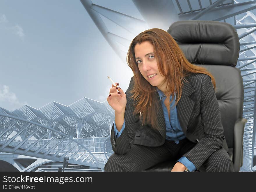 Businesswoman with cigarette with a bluish background