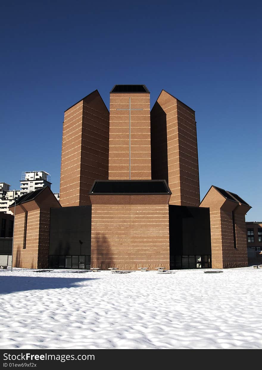 Modern Church, Snow and Blue Sky, Turin. Modern Church, Snow and Blue Sky, Turin