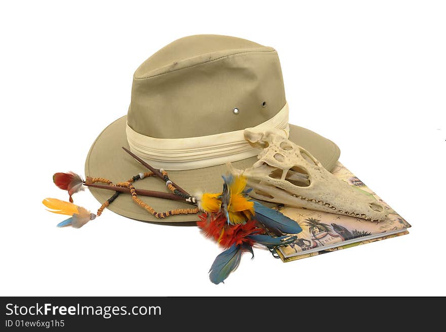 Explorer's hat and feathers isolated in white. Explorer's hat and feathers isolated in white