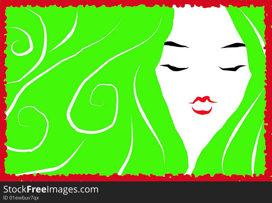 A painted face of a green-haired girl with red lipstick on her mouth, all surrounded by a red frame. Digital drawing. Coloured picture. A painted face of a green-haired girl with red lipstick on her mouth, all surrounded by a red frame. Digital drawing. Coloured picture.