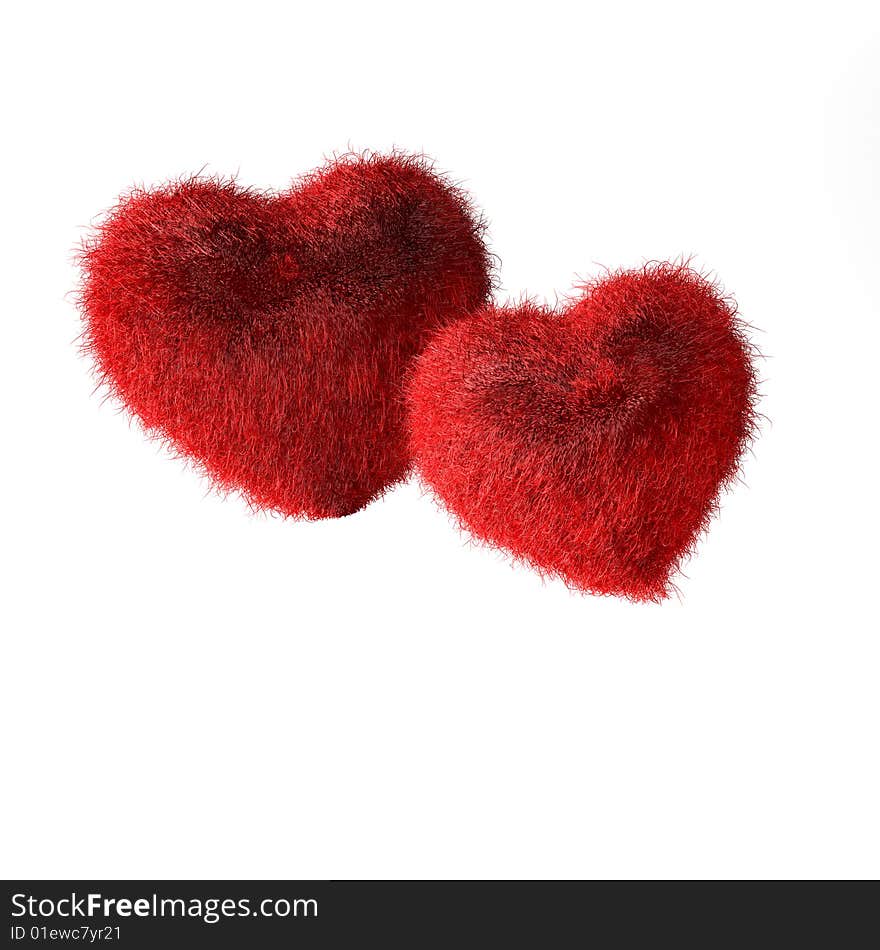 Two red hairy hearts created in 3D software. Two red hairy hearts created in 3D software