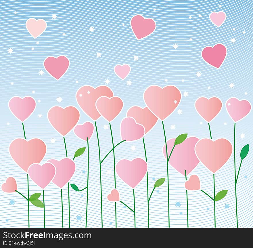 Field of flowers in the shape of a heart on blue sky. Field of flowers in the shape of a heart on blue sky