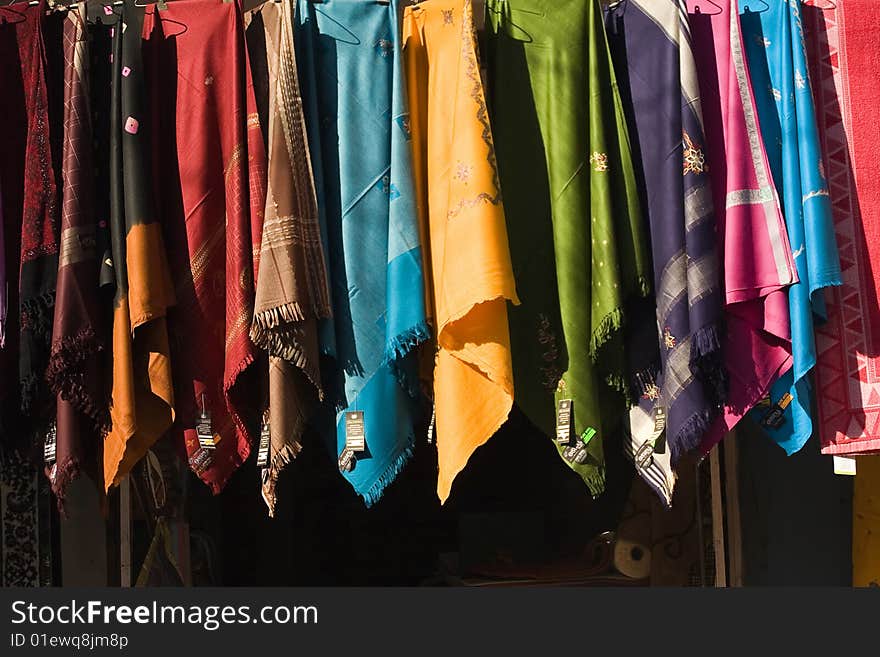 Multi colored scarfs in a store at India