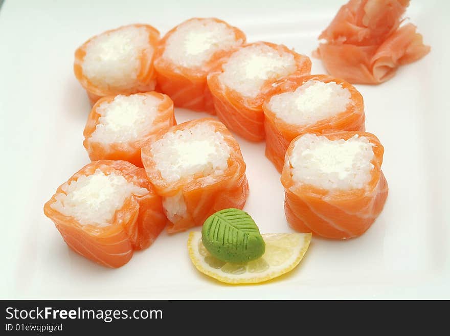 Traditional the Japanese meal sushi on a white background