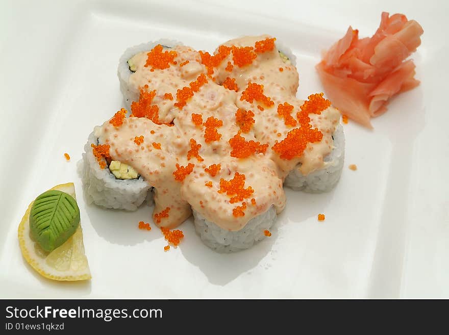 Traditional the Japanese meal sushi on a white background