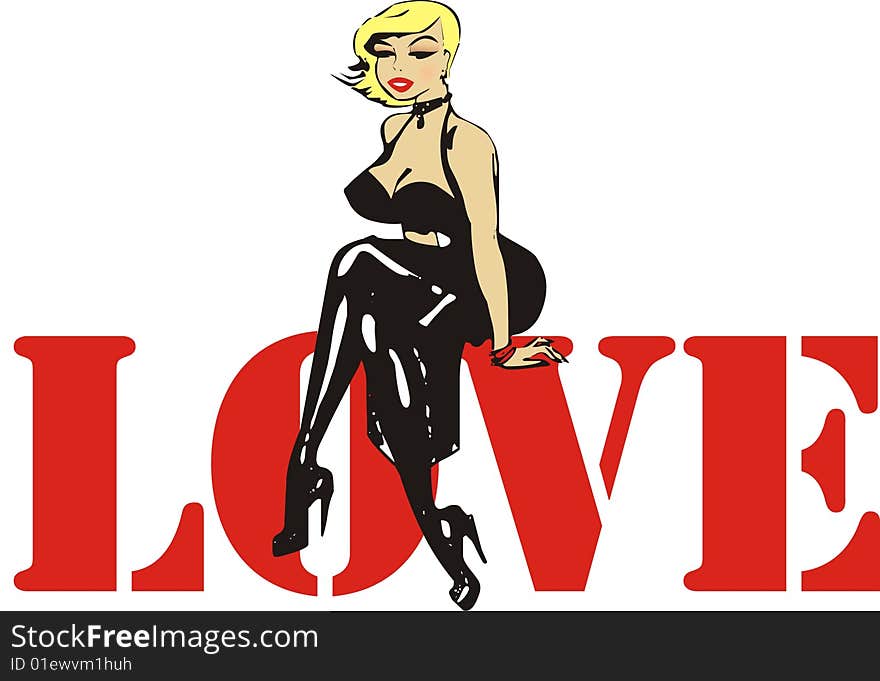 Women in blaack dress with love text illustration