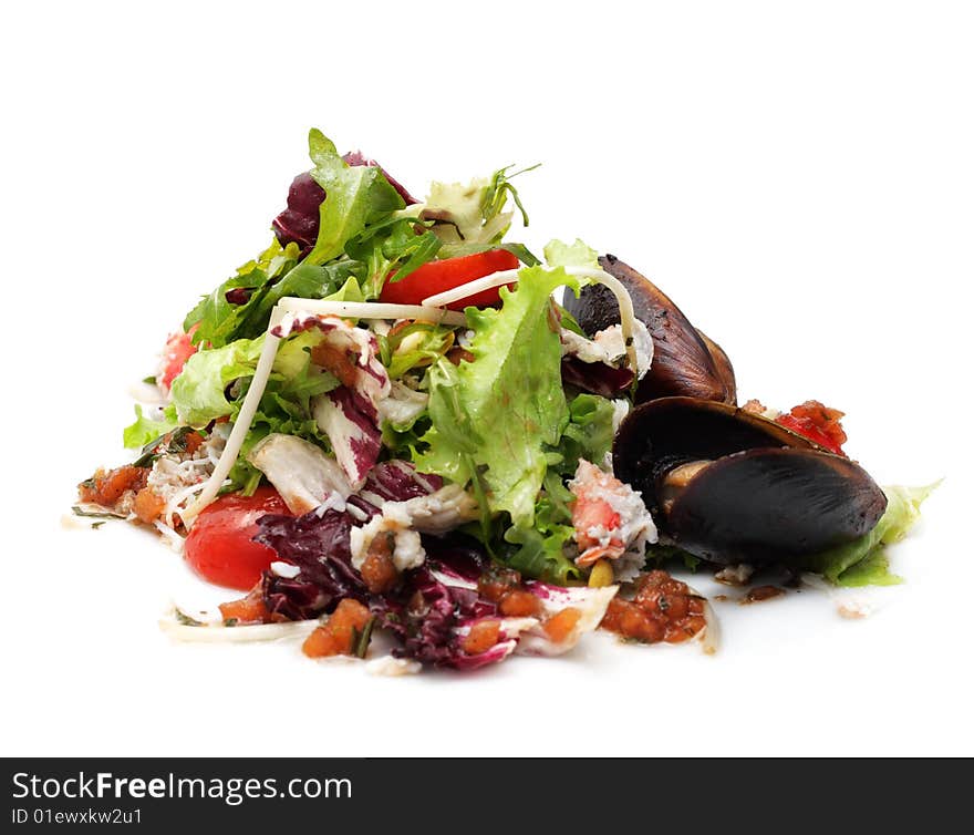 Seafood Salad with Crabmeat and Mussels. Isolated on White Background