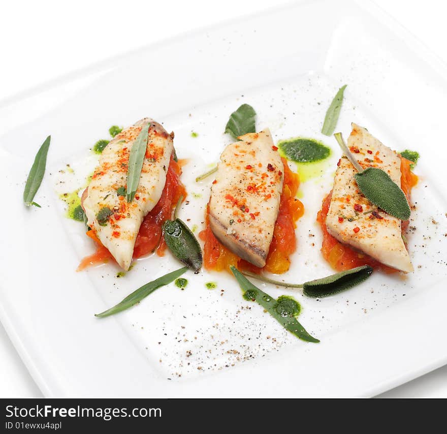 BBQ Fillet of Fish with Vegetables and Greens. Isolated on White Background