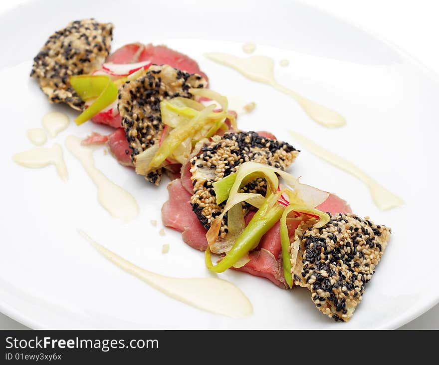 Veals Sashimi with Wasabi and Celery Chips