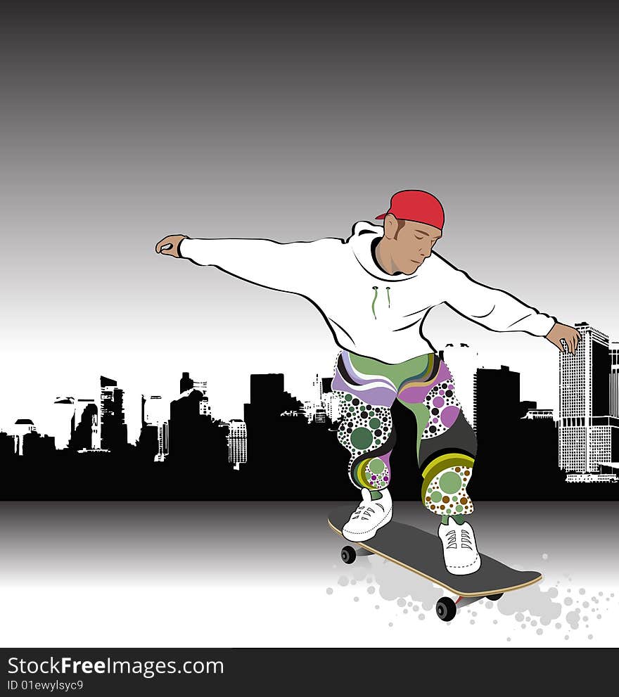 An illustration of a skateboarder on urban background. An illustration of a skateboarder on urban background