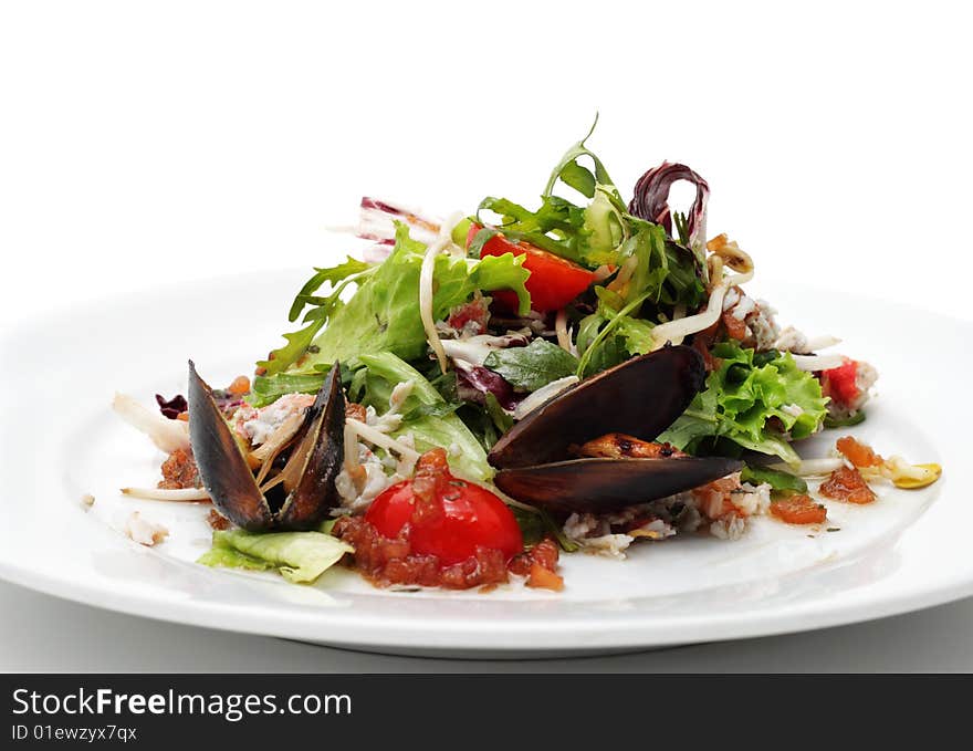 Seafood Salad with Crabmeat and Mussels. Isolated on White Background