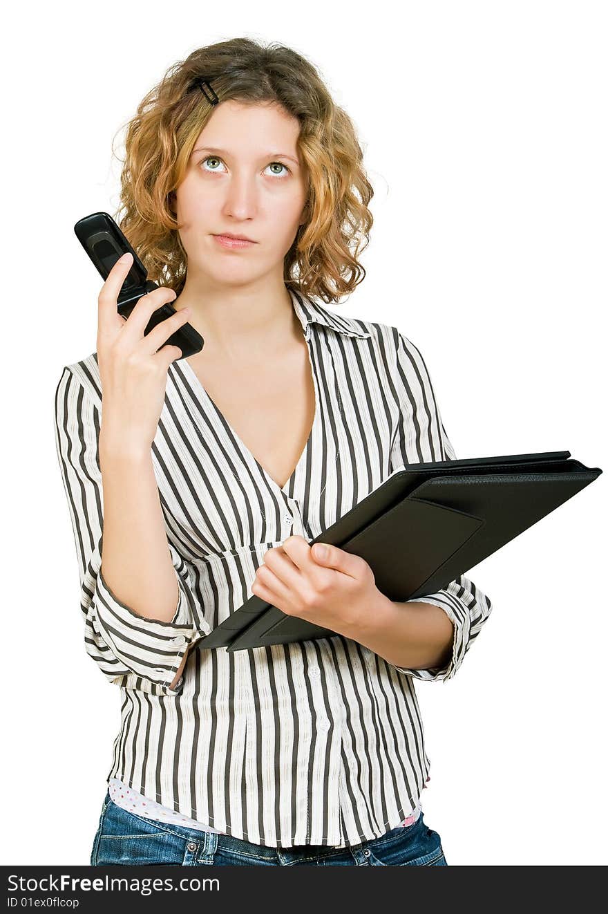 Young businesswoman  with  folder and telephone