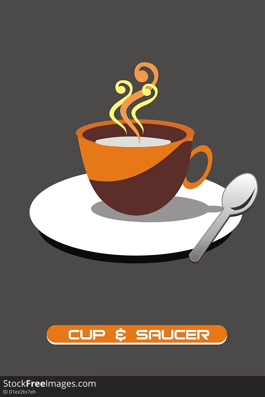 Illustration of cup and saucer over grey background.