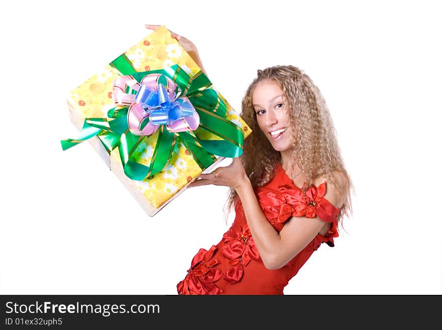 The young beautiful girl with purchases in colour packages during shopping on a white background