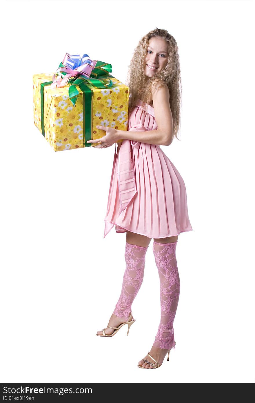 The young beautiful girl with purchases in colour packages during shopping on a white background