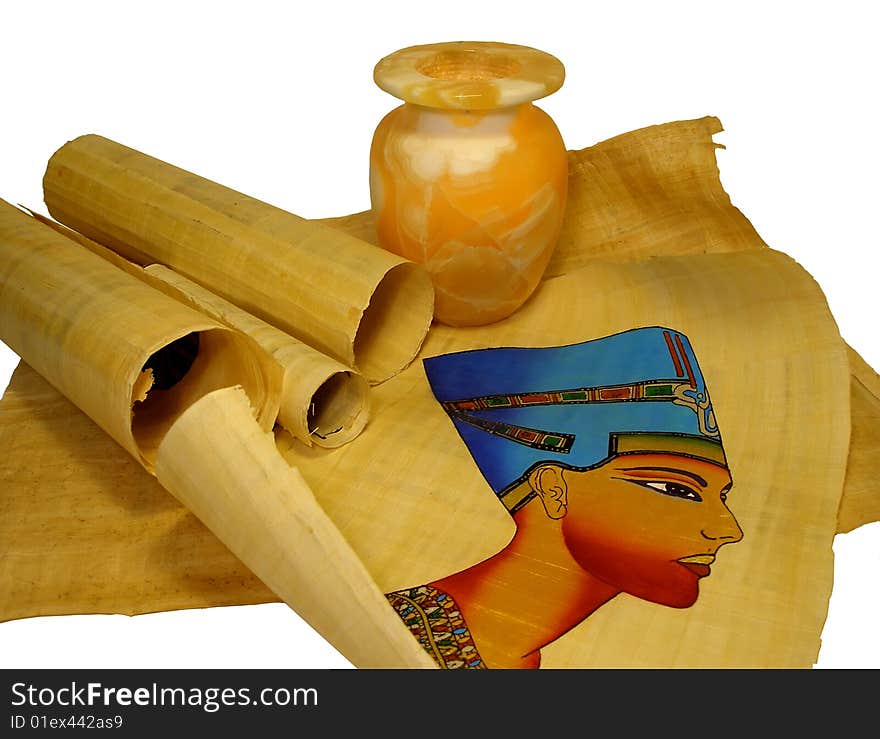 Papyruse with a vase from an onyx are isolated on a white background