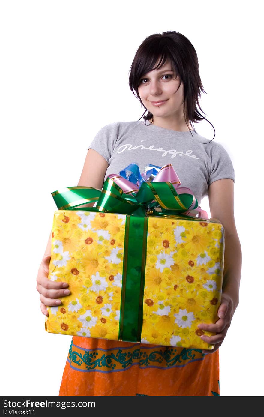 The young beautiful girl with purchases in colour packages during shopping on a white background