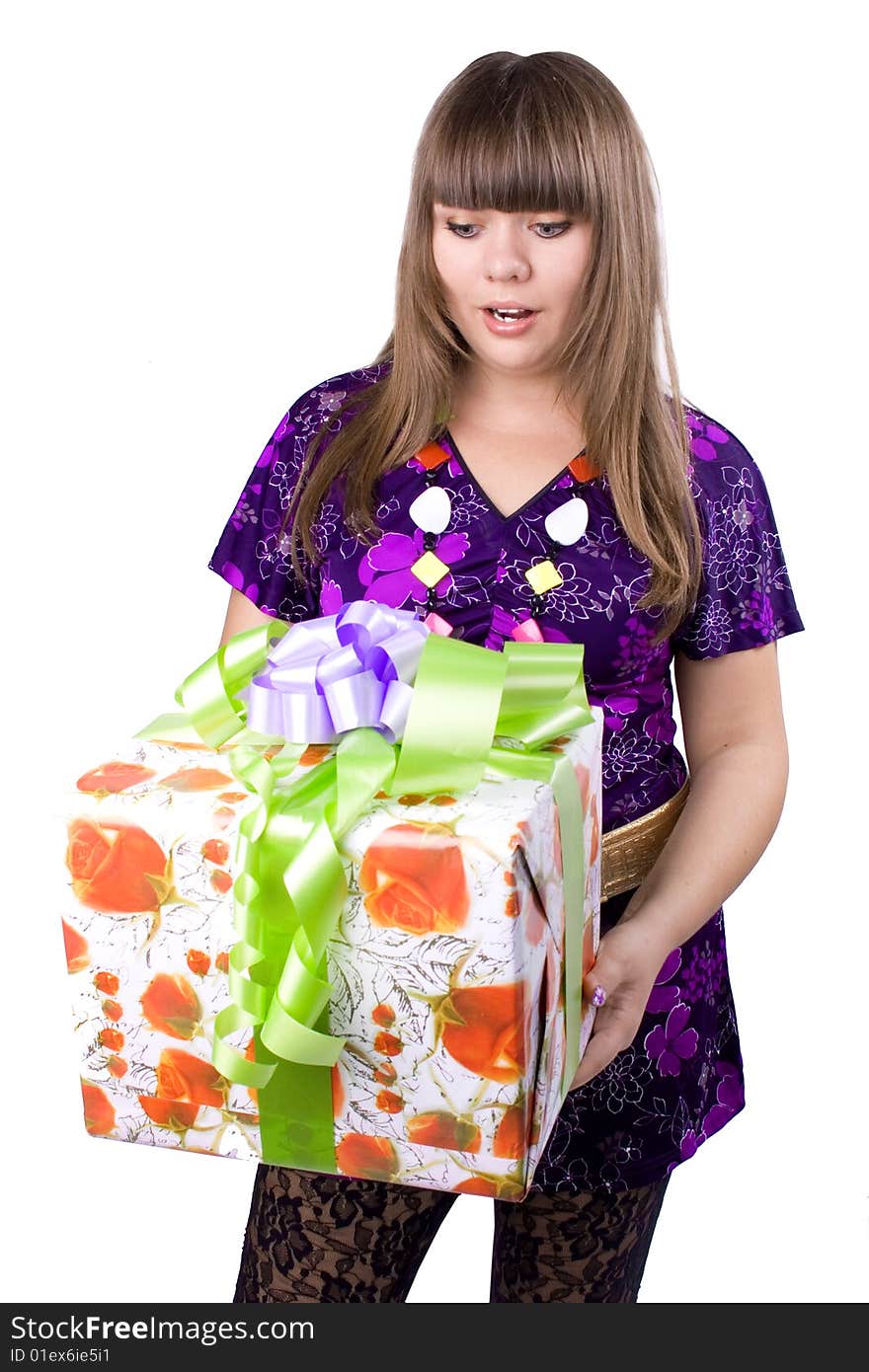 The young beautiful girl with purchases in colour packages during shopping on a white background